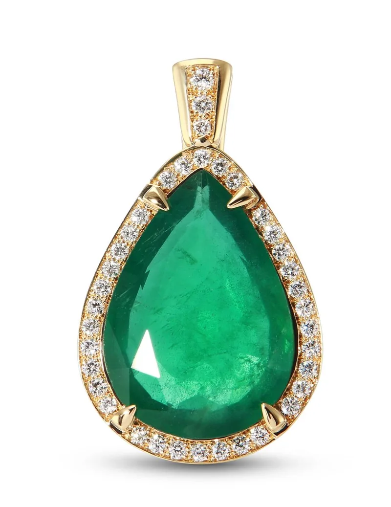 Pendentif Emeraude Verte Poire 10.4 carats et Diamants en Or Jaune 750 pour femme - Bijoux Trabbia Vuillermoz